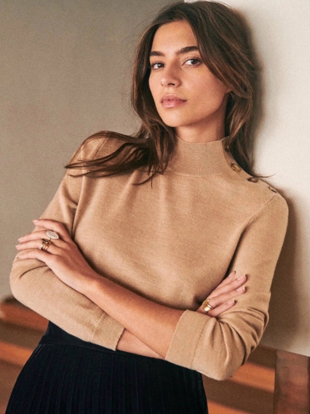 Sezane Jacob Jumper Merino Wool Tan Mock Neck Womens Sweater Large Quiet Luxury